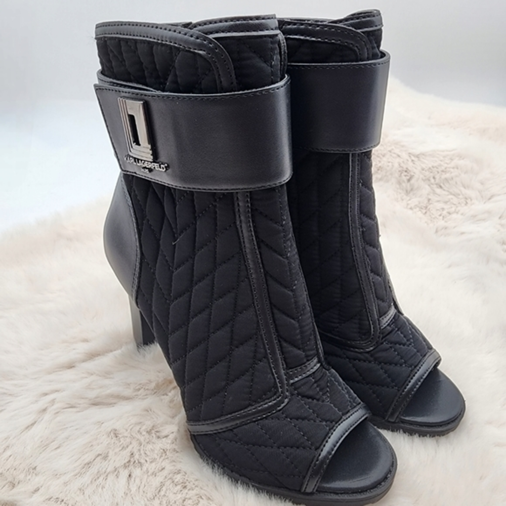 Karl Lagerfeld open toe zip‎ up heeled boots black and silver hardware